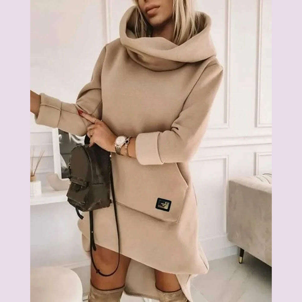 High Neck Long Sleeve Sweatshirt Casual Dress Women Autumn Winter Hoodie Fashion Loose Mini Dress Pockets - KIMLUD