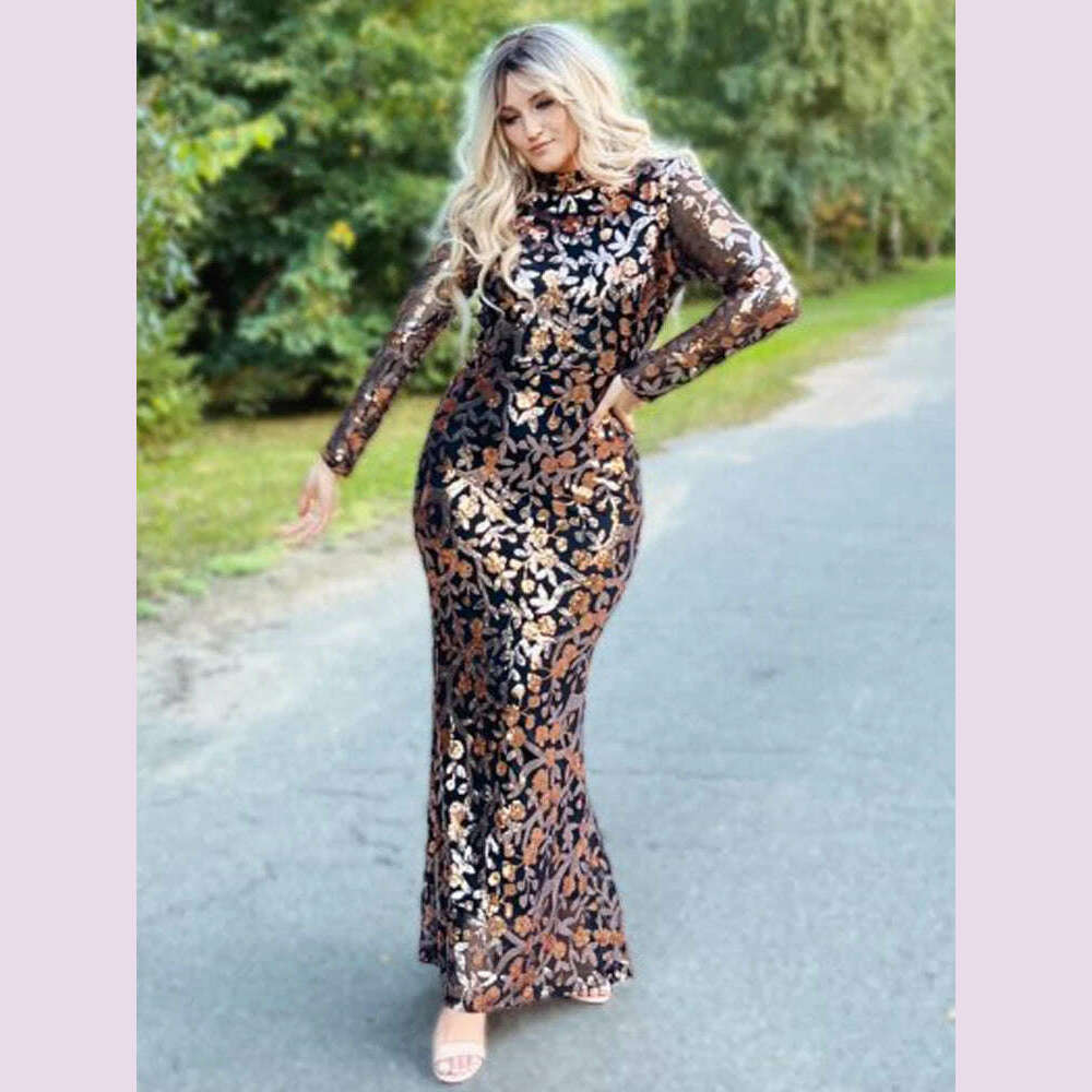 KIMLUD, High Neck Luxury Full Sleeve Sequined Flowers Cocktail Prom Gown Bodycon Mermaid Long Celebrity Evening Party Dress Women 2024, KIMLUD Womens Clothes