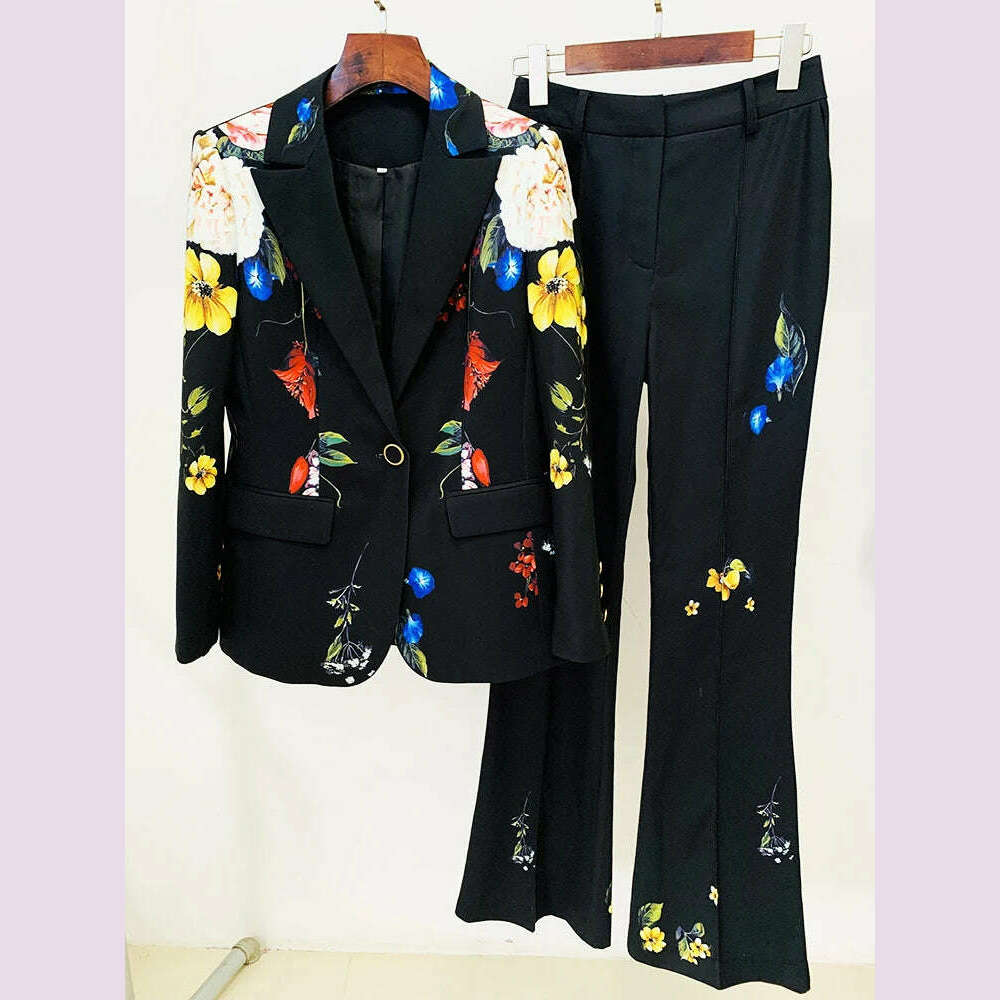 KIMLUD, HIGH QUALITY 2024 Newest Designer Runway Suit Set Women's Single Button Floral Printed Blazer Flare Pants Suit 2pcs, black / XL, KIMLUD APPAREL - Womens Clothes