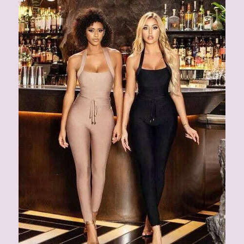 High Quality Black Women Turtleneck Neck Rayon Bandage Jumpsuit Sexy Bodycon Celebrity Party Jumpsuits Vestidos - KIMLUD