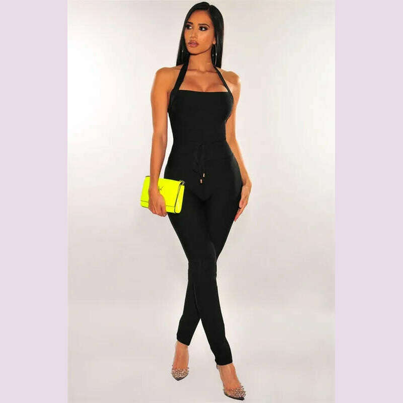 KIMLUD, High Quality Black Women Turtleneck Neck Rayon Bandage Jumpsuit Sexy Bodycon Celebrity Party Jumpsuits Vestidos, Black / XS, KIMLUD APPAREL - Womens Clothes