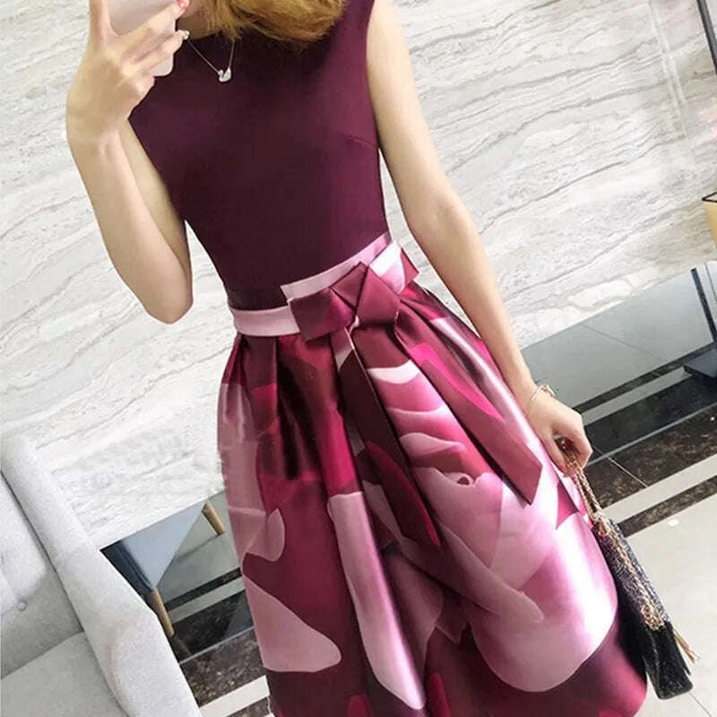 KIMLUD, High Quality Boutique Print Women Summer Sleeveless Bow Zippler Fashion Temperment Elegant Designer Runway Party Holiday Dresses, KIMLUD Womens Clothes