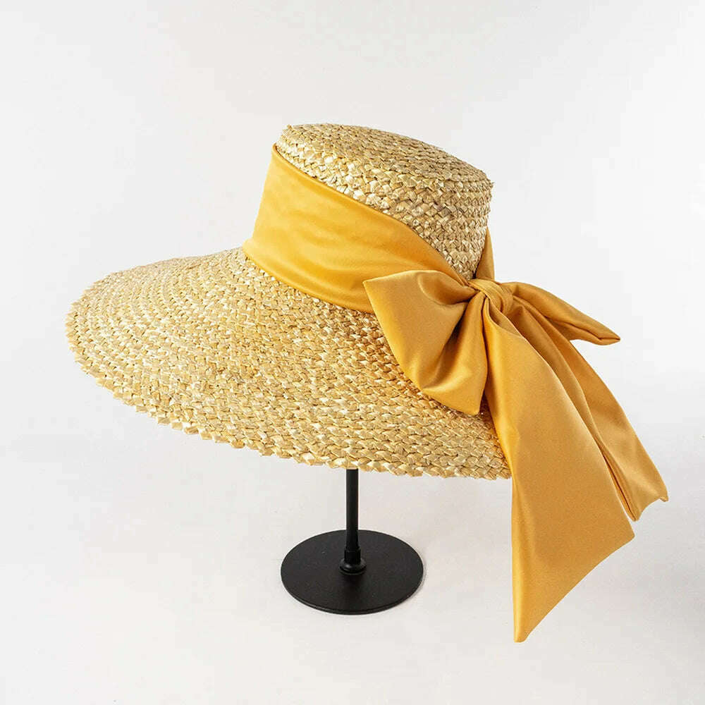 High-quality hand-knitted petal Wheat Straw flat top large eaves basin hat women's fashion big bow beach sun shade straw hat - KIMLUD