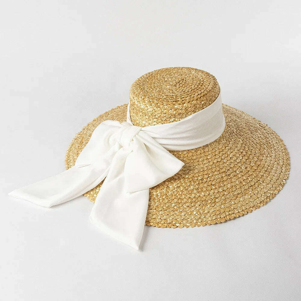 High-quality hand-knitted petal Wheat Straw flat top large eaves basin hat women's fashion big bow beach sun shade straw hat - KIMLUD