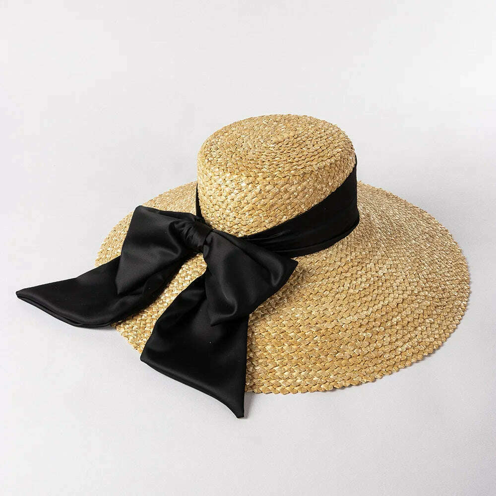 High-quality hand-knitted petal Wheat Straw flat top large eaves basin hat women's fashion big bow beach sun shade straw hat - KIMLUD