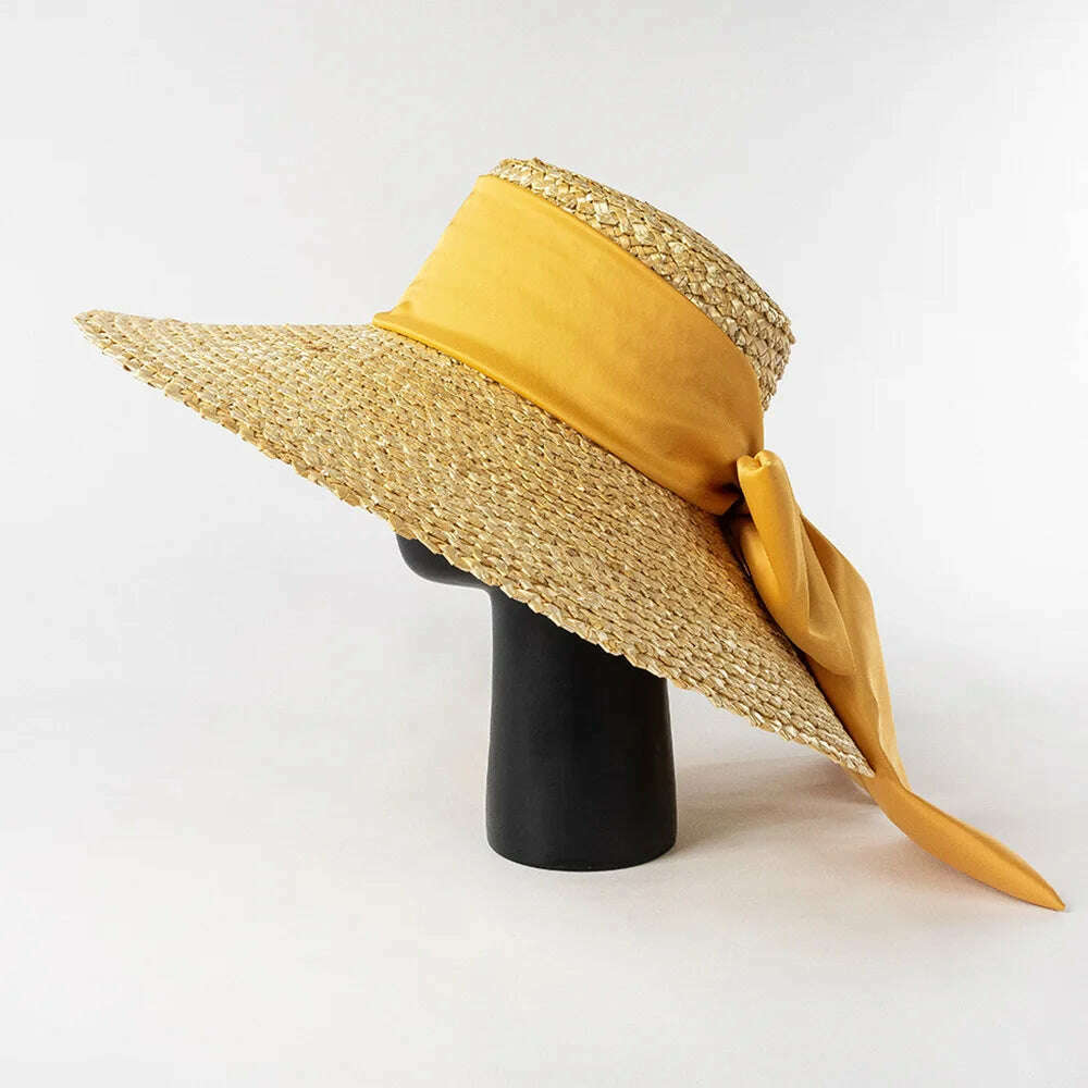 KIMLUD, High-quality hand-knitted petal Wheat Straw flat top large eaves basin hat women's fashion big bow beach sun shade straw hat, KIMLUD Womens Clothes