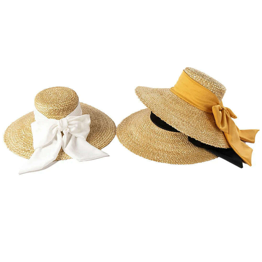 High-quality hand-knitted petal Wheat Straw flat top large eaves basin hat women's fashion big bow beach sun shade straw hat - KIMLUD