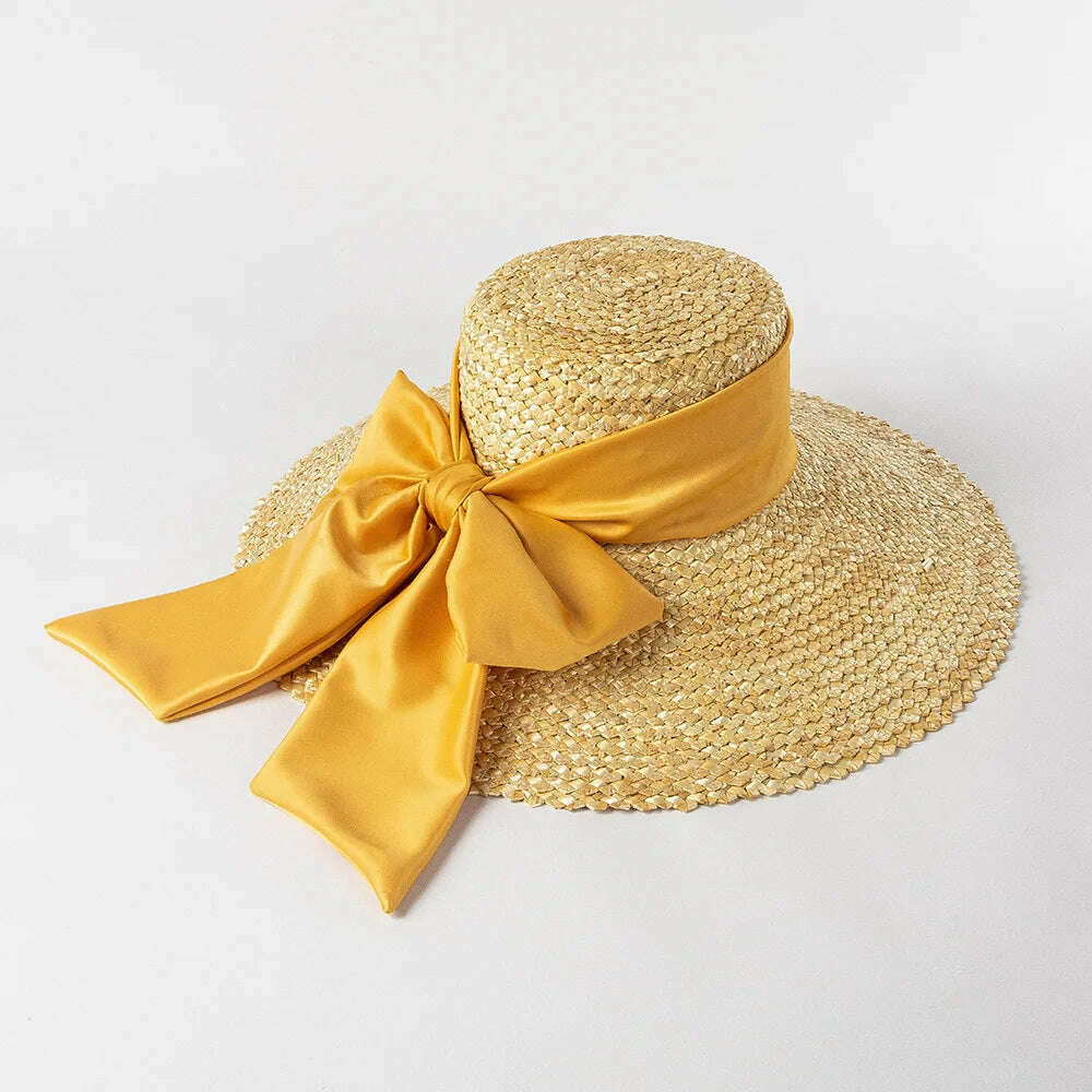 High-quality hand-knitted petal Wheat Straw flat top large eaves basin hat women's fashion big bow beach sun shade straw hat - KIMLUD