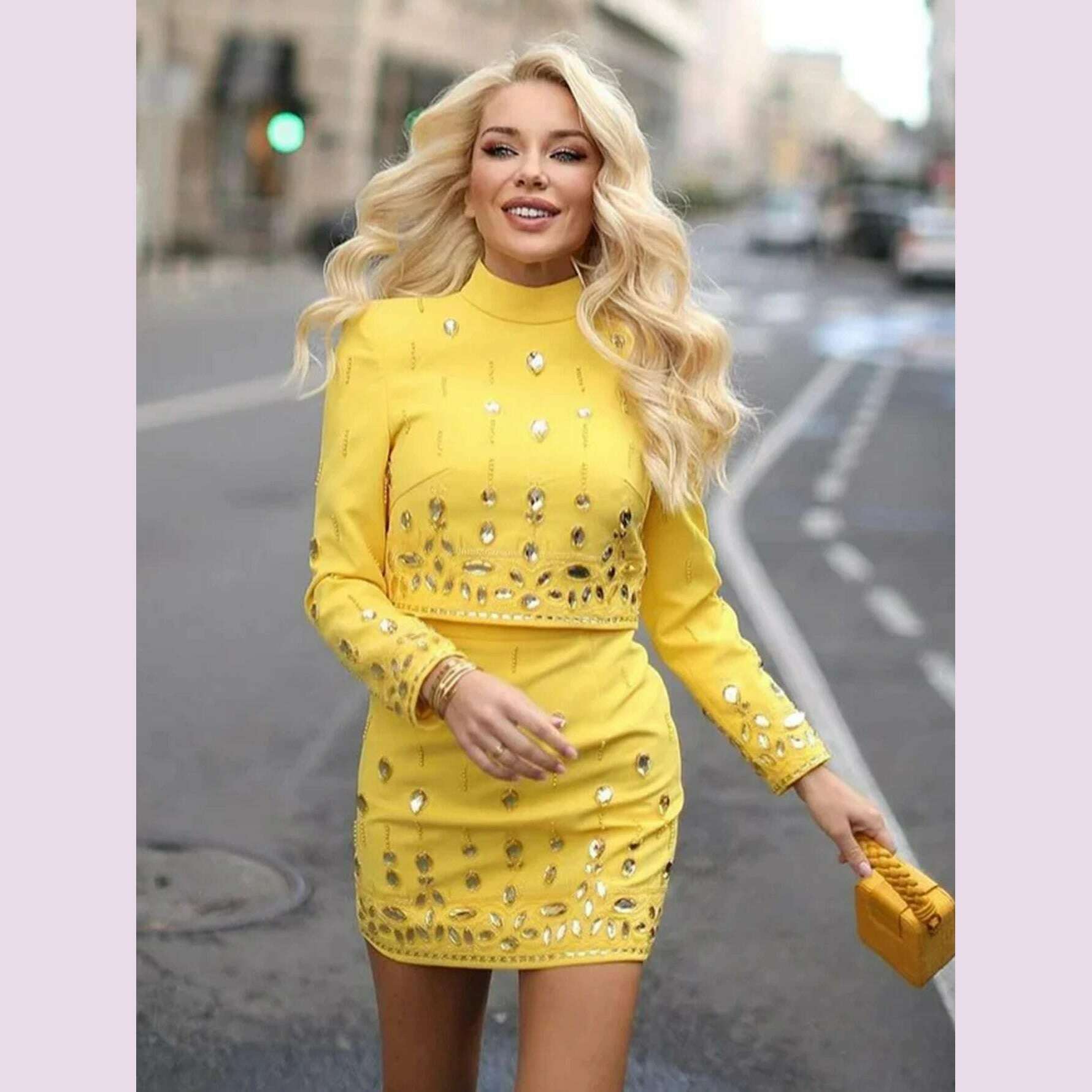 High Quality New Fashion Women's Heavy Industry Crystal Beads Slim Fit Yellow Set Sexy Short Top+Dress Party 2 Two Piece Set - KIMLUD