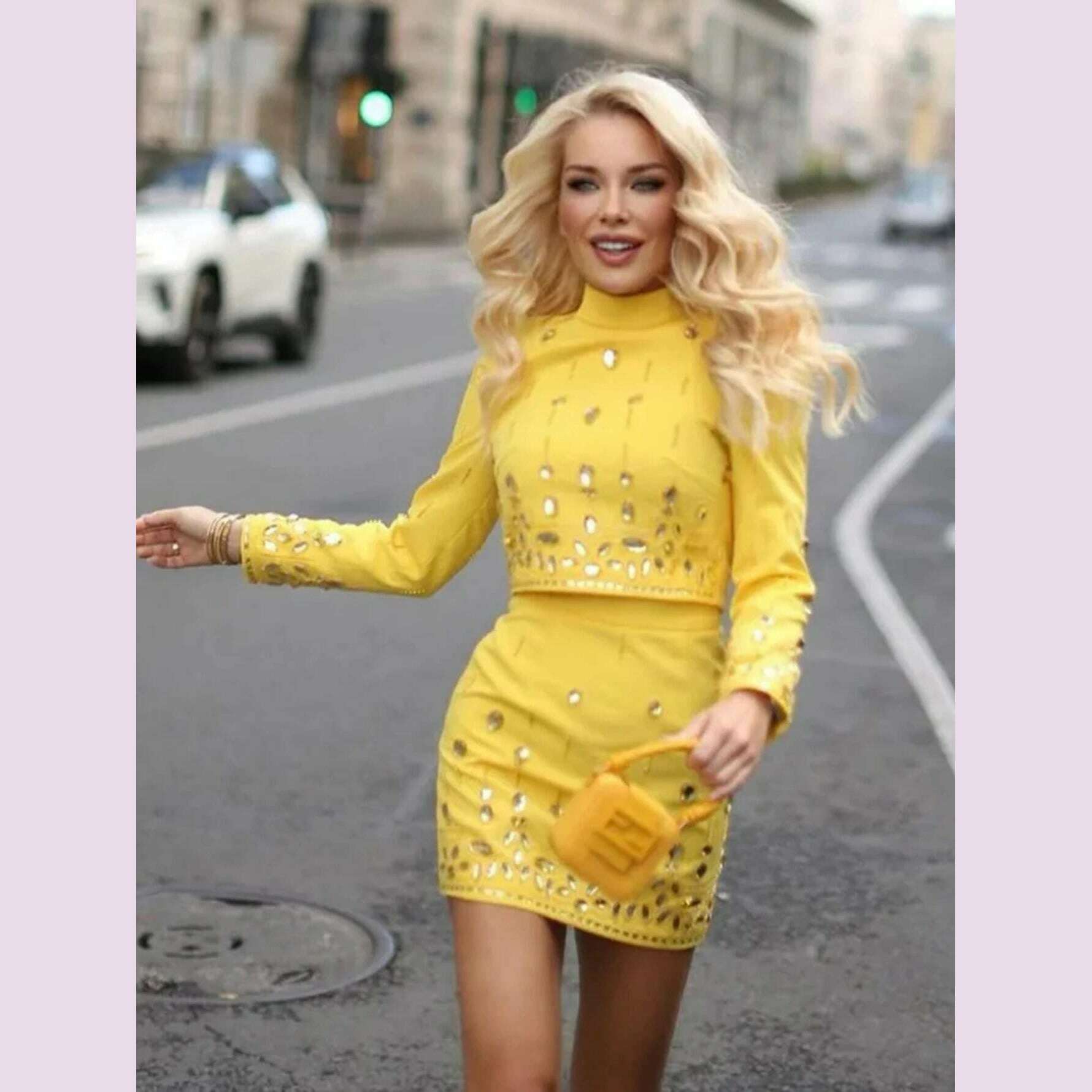 High Quality New Fashion Women's Heavy Industry Crystal Beads Slim Fit Yellow Set Sexy Short Top+Dress Party 2 Two Piece Set - KIMLUD