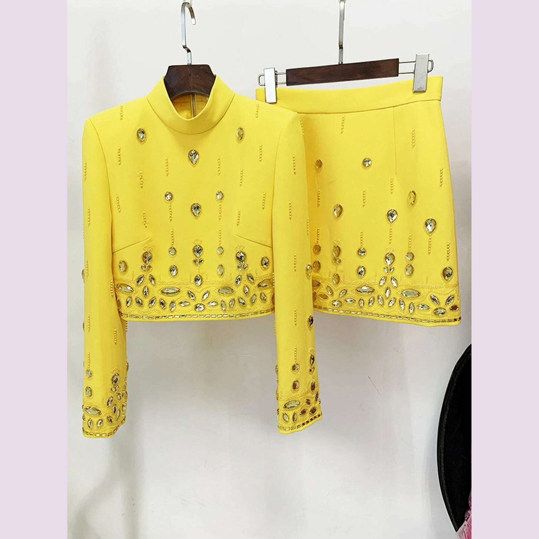 High Quality New Fashion Women's Heavy Industry Crystal Beads Slim Fit Yellow Set Sexy Short Top+Dress Party 2 Two Piece Set - KIMLUD