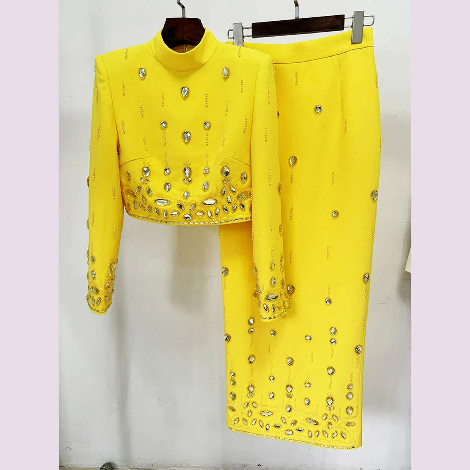 High Quality New Fashion Women's Heavy Industry Crystal Beads Slim Fit Yellow Set Sexy Short Top+Dress Party 2 Two Piece Set - KIMLUD