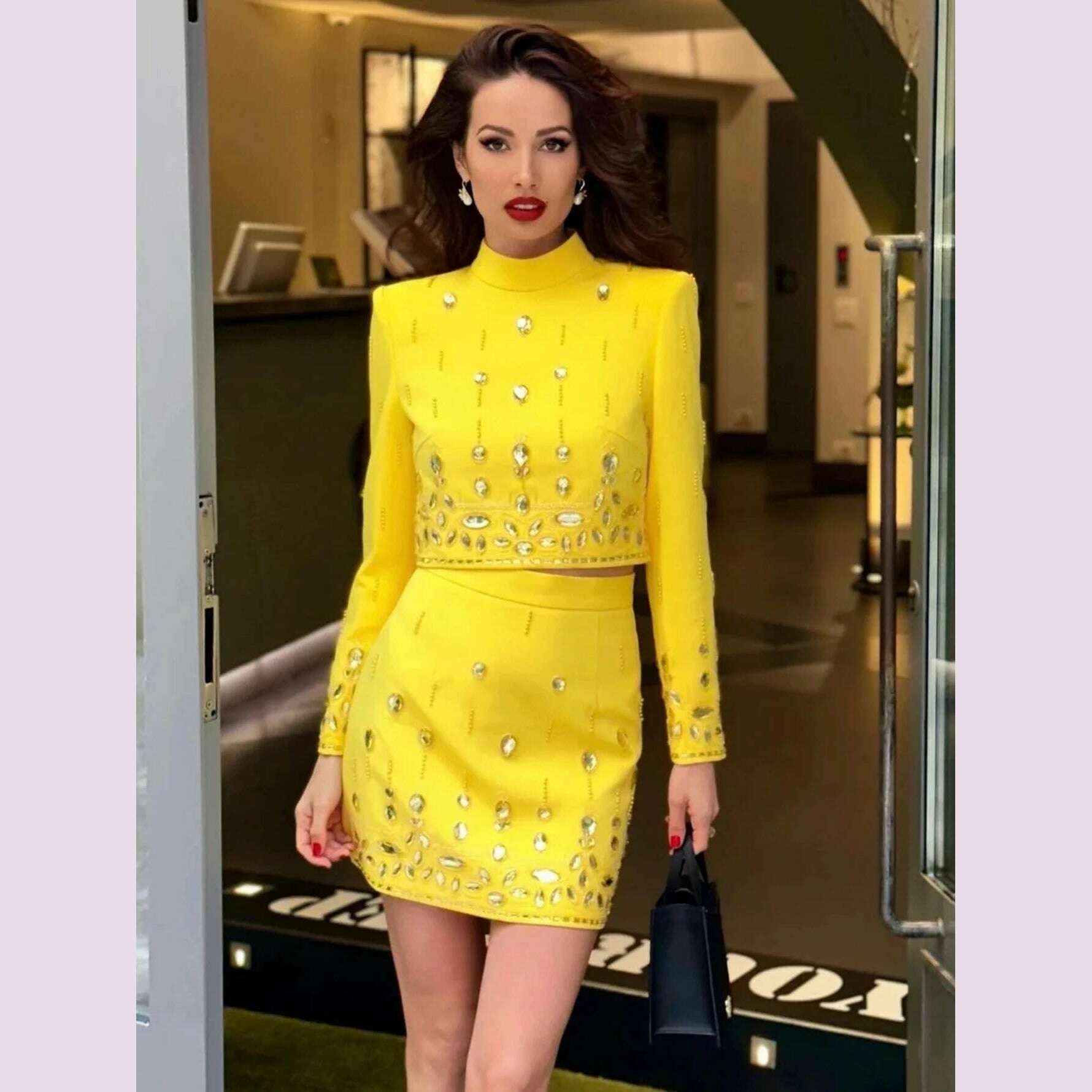 High Quality New Fashion Women's Heavy Industry Crystal Beads Slim Fit Yellow Set Sexy Short Top+Dress Party 2 Two Piece Set - KIMLUD