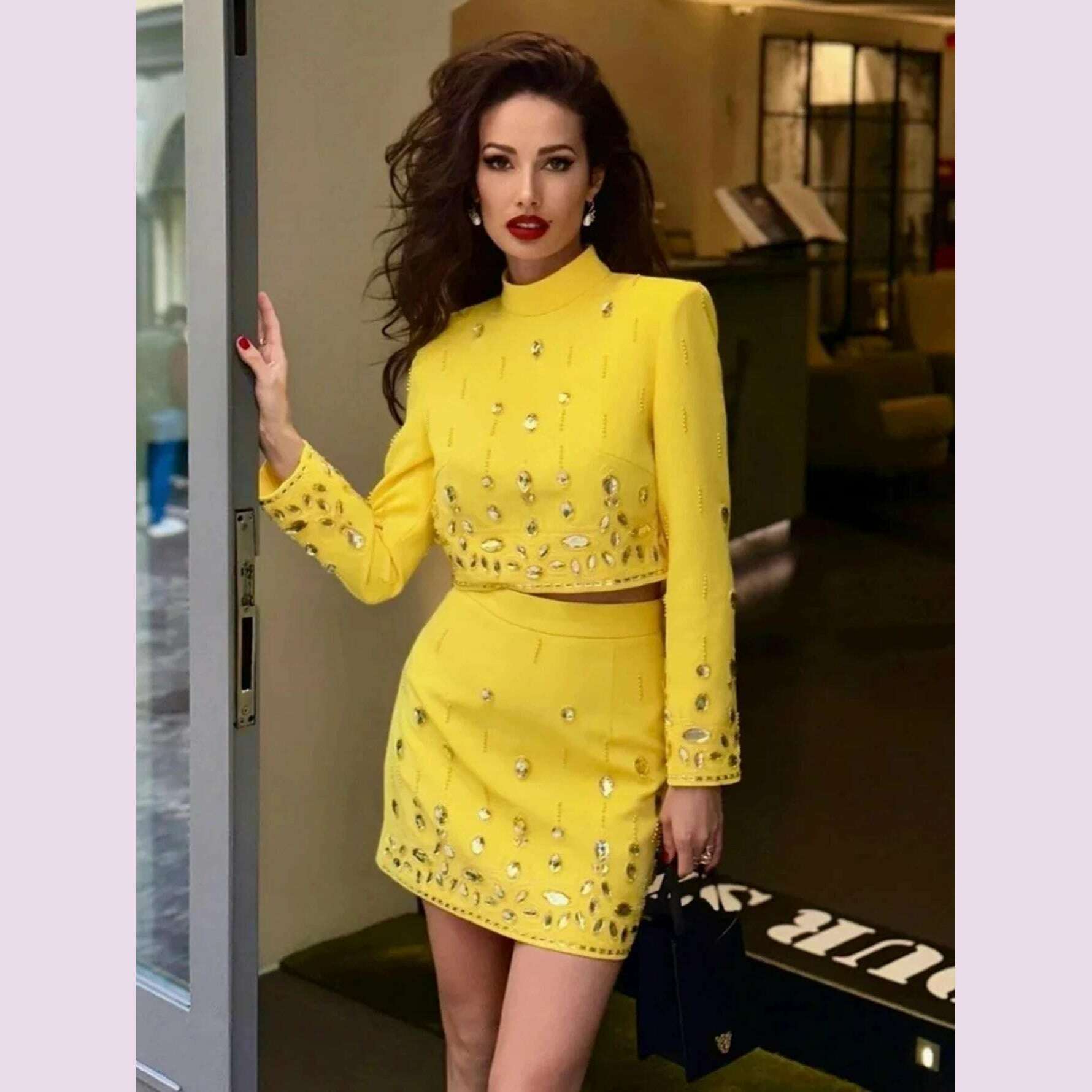 KIMLUD, High Quality  New Fashion Women's Heavy Industry Crystal Beads Slim Fit Yellow Set Sexy Short Top+Dress Party 2 Two Piece Set, KIMLUD Womens Clothes