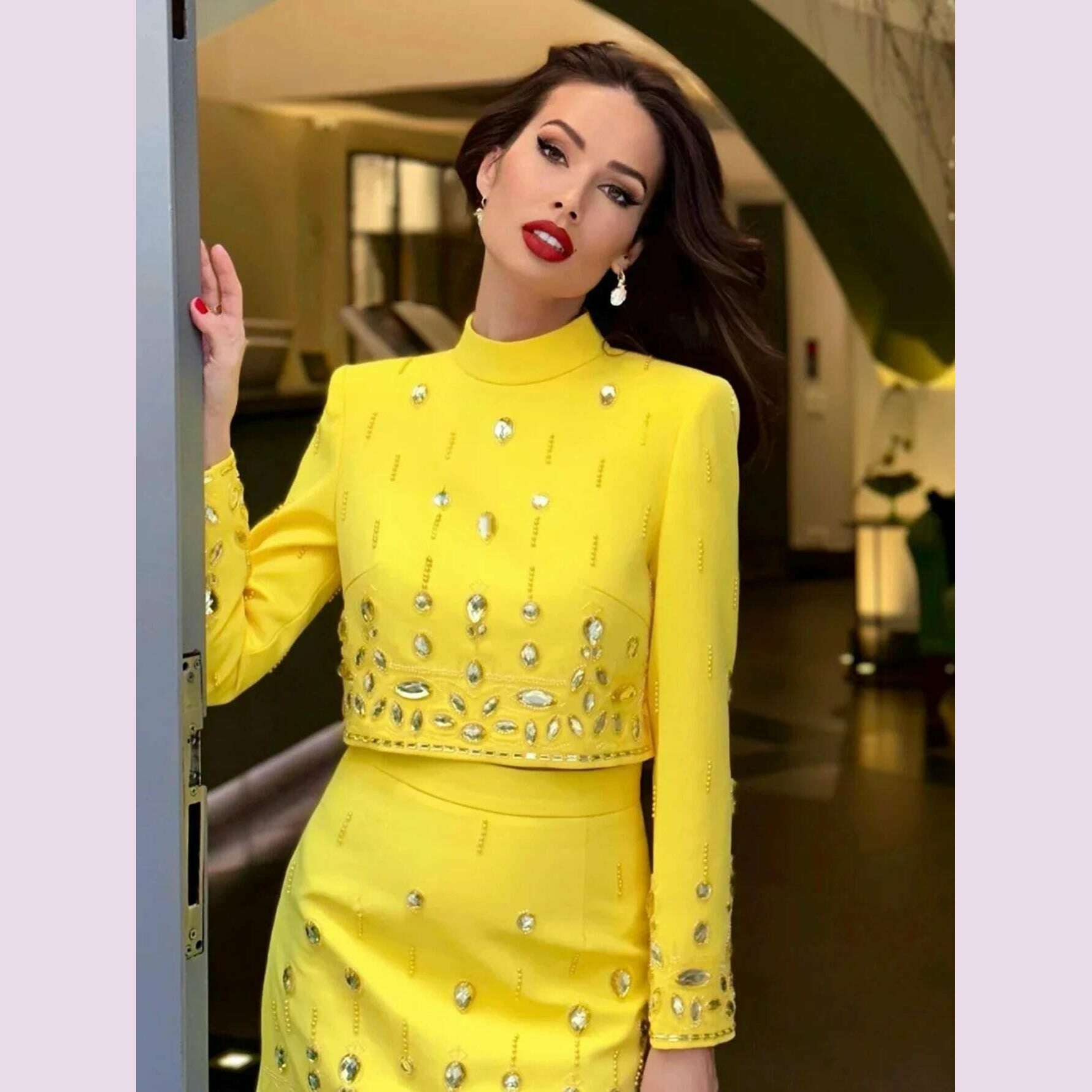 High Quality New Fashion Women's Heavy Industry Crystal Beads Slim Fit Yellow Set Sexy Short Top+Dress Party 2 Two Piece Set - KIMLUD