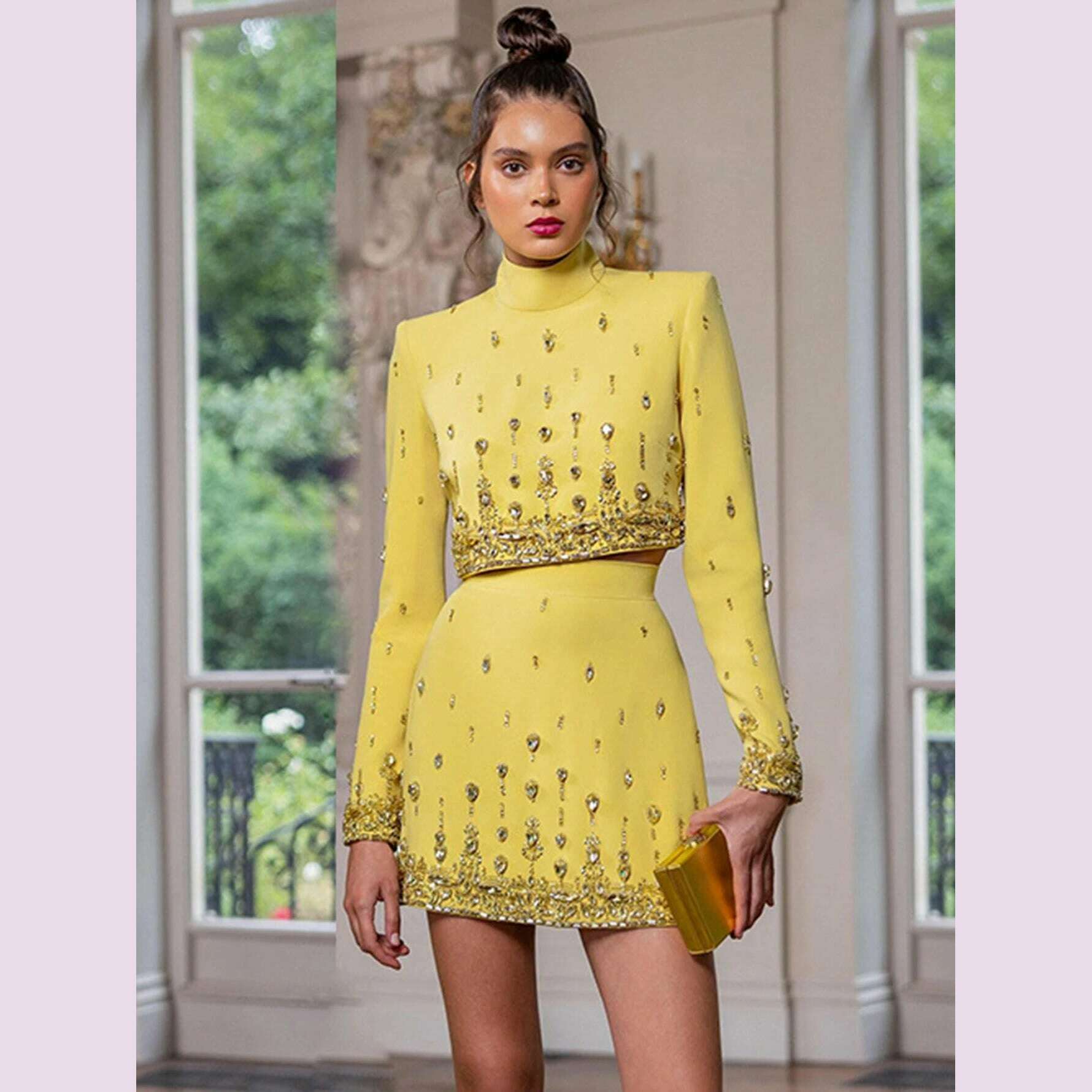 High Quality New Fashion Women's Heavy Industry Crystal Beads Slim Fit Yellow Set Sexy Short Top+Dress Party 2 Two Piece Set - KIMLUD