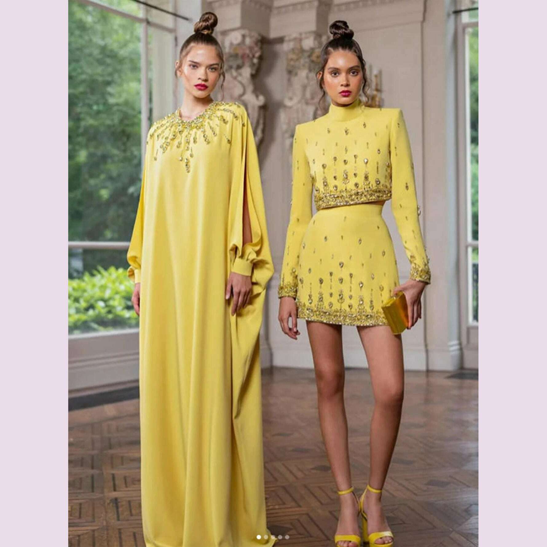 KIMLUD, High Quality  New Fashion Women's Heavy Industry Crystal Beads Slim Fit Yellow Set Sexy Short Top+Dress Party 2 Two Piece Set, KIMLUD Womens Clothes