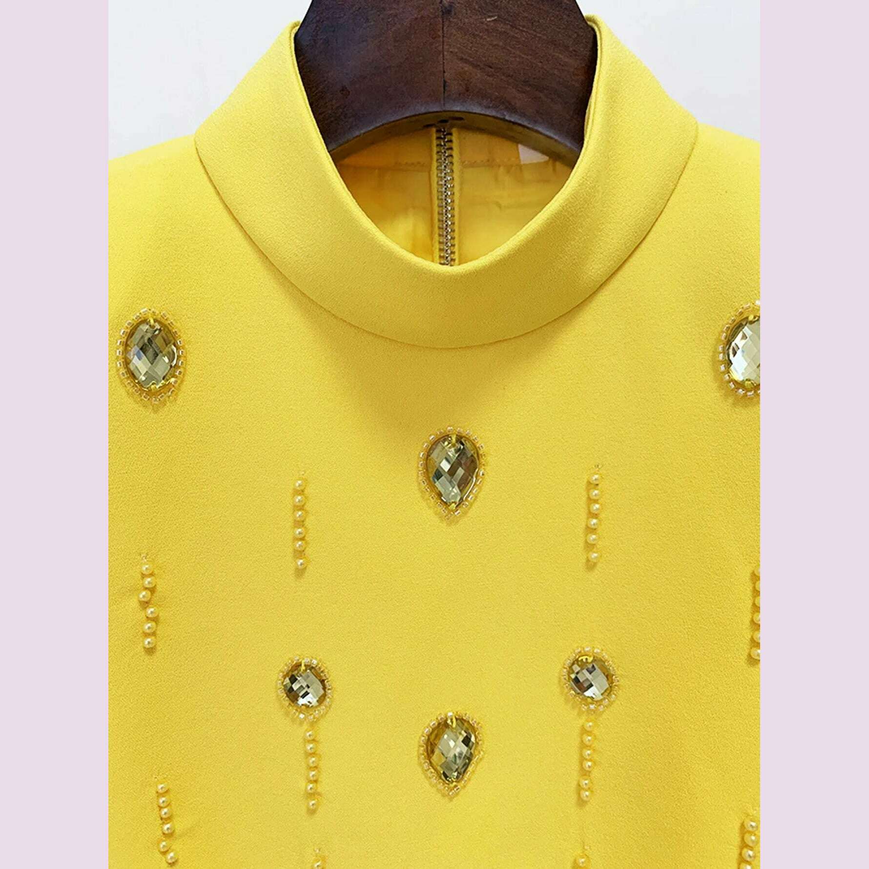 High Quality New Fashion Women's Heavy Industry Crystal Beads Slim Fit Yellow Set Sexy Short Top+Dress Party 2 Two Piece Set - KIMLUD