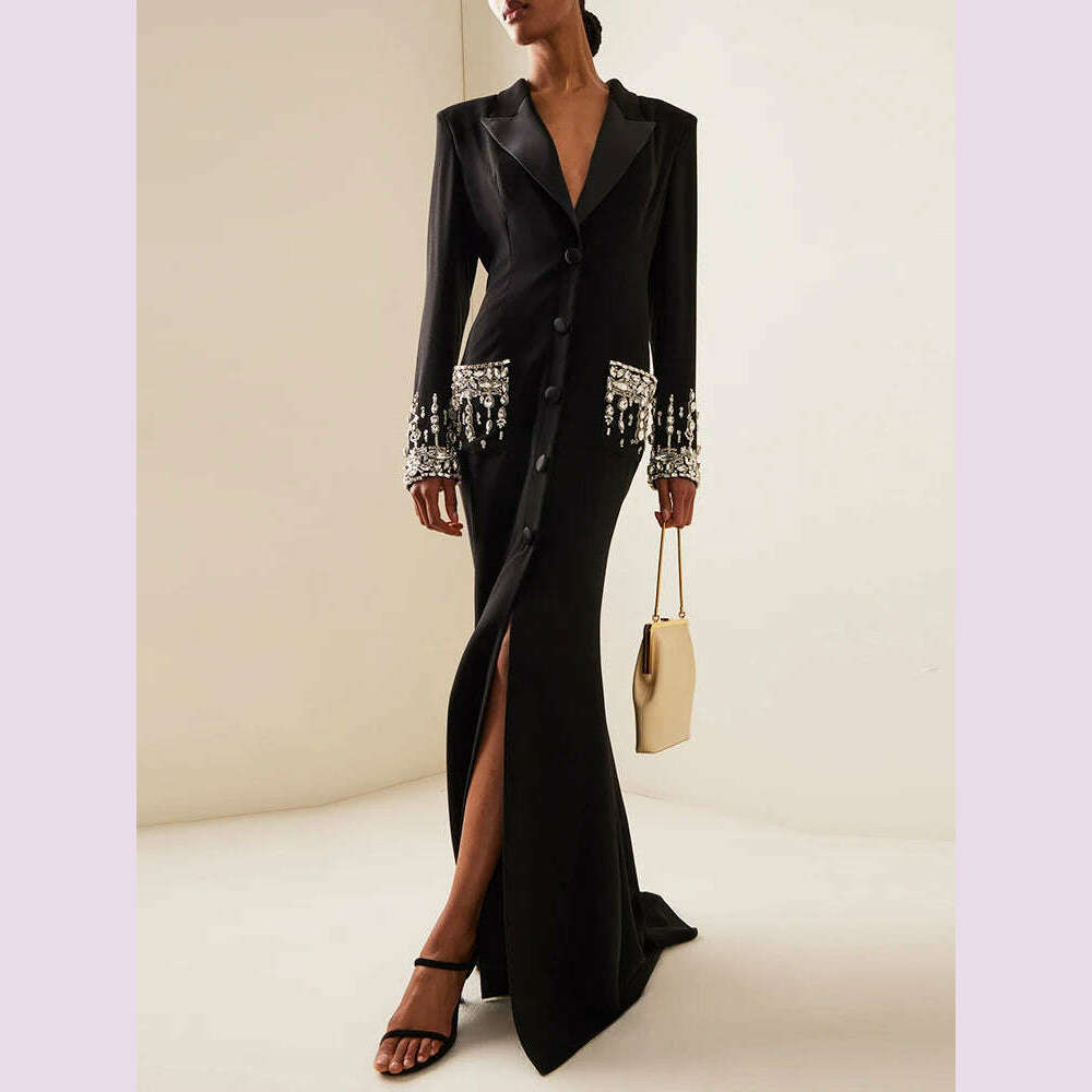 KIMLUD, HIGH STREET Newest 2024 Designer Fashion Women's Long Sleeve Notched Collar Rhinestone Diamonds Beading Maxi Long Dress, KIMLUD Womens Clothes