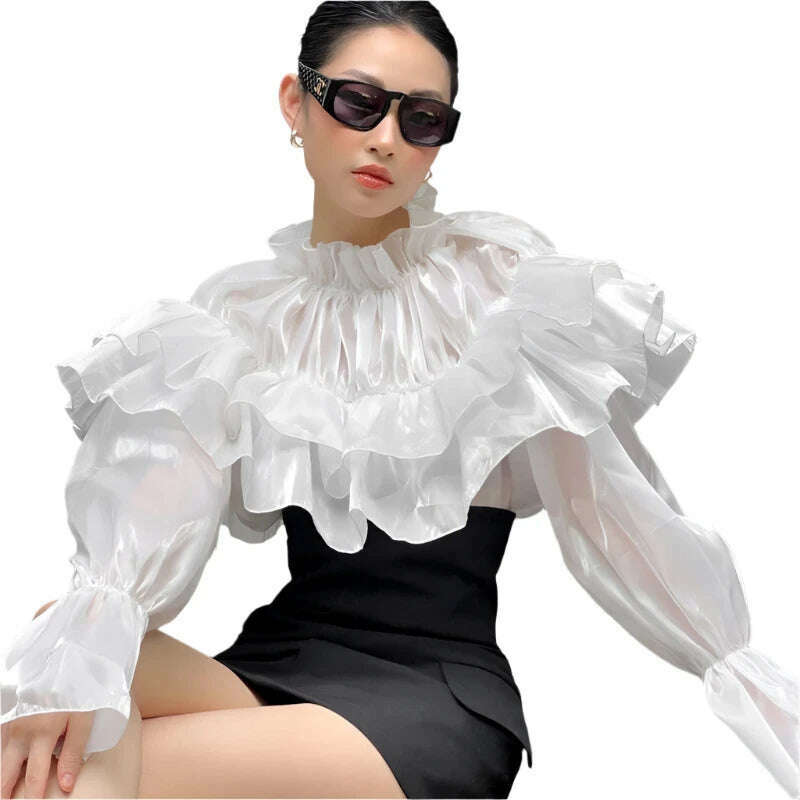 KIMLUD, High street Women Ruffles blouse Fold Tops White Autumn Elegant Long sleeve Ruffled neck Female shirt Loose INKEO 2T230, KIMLUD Womens Clothes