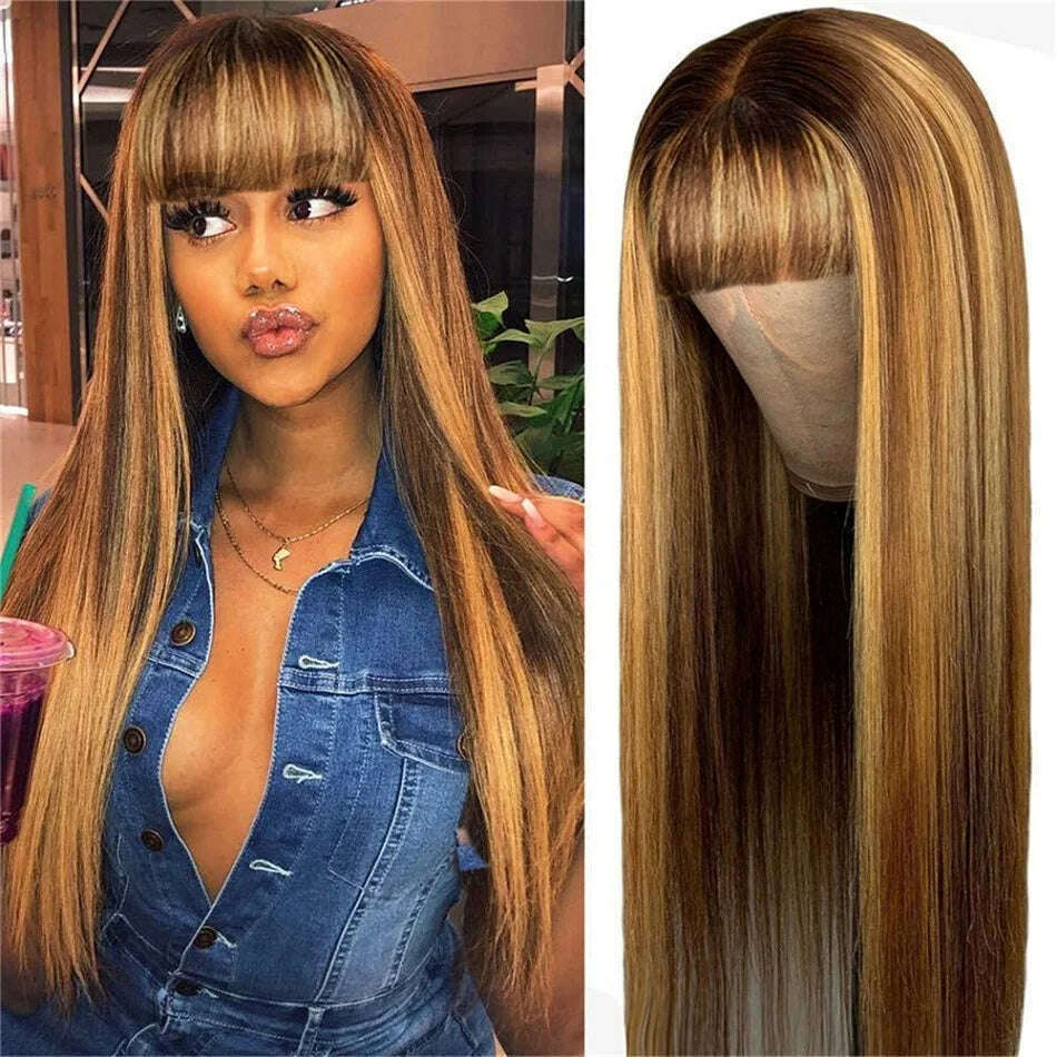 KIMLUD, Highlight Machine Made Wigs With Bangs Bone Straight Wig Human Hair Burgundy 99j Honey Blonde Colored Human Hair Wigs For Women, KIMLUD Womens Clothes