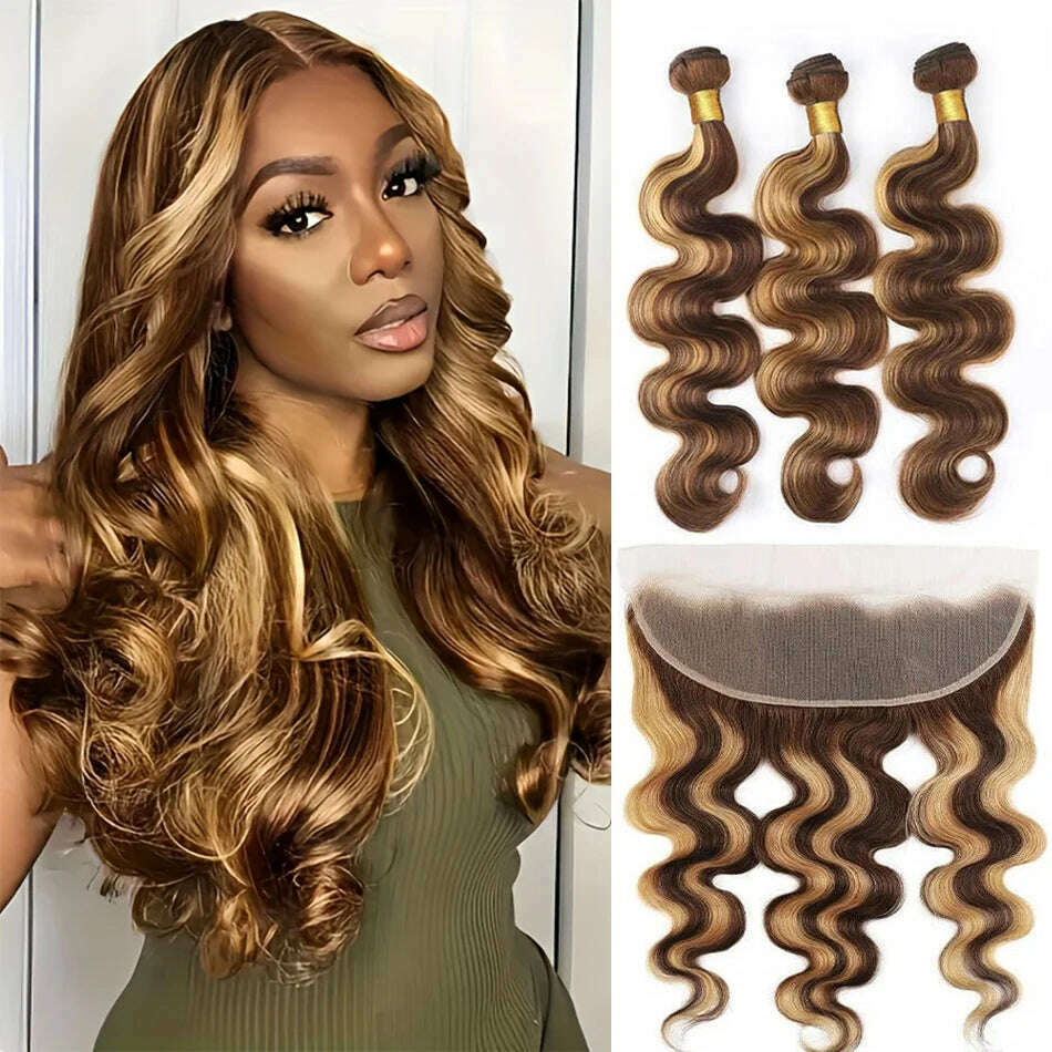 Highlighted Body Wave Bundles With Frontal P4/27 Piano Color Remy Double Weft Brazilian Human Hair Bundle With 13x4 Lace Frontal - KIMLUD