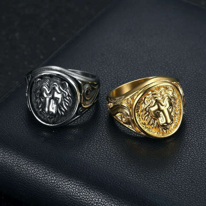 Hip Hop Bling Gold Color Stainless Steel Male Lion Round Finger Rings for Men Rapper Jewelry Drop Shipping - KIMLUD