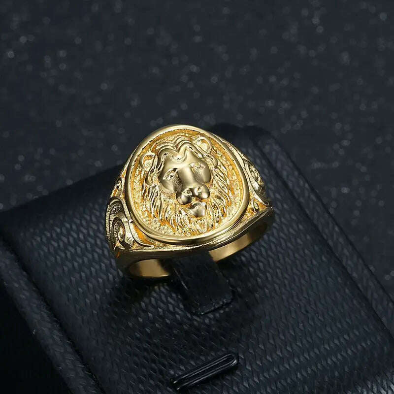 Hip Hop Bling Gold Color Stainless Steel Male Lion Round Finger Rings for Men Rapper Jewelry Drop Shipping - KIMLUD