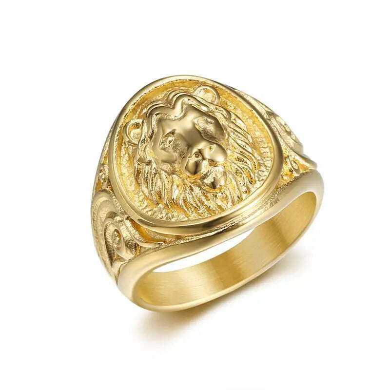 KIMLUD, Hip Hop Bling Gold Color Stainless Steel Male Lion Round Finger Rings for Men Rapper Jewelry Drop Shipping, Gold / 12, KIMLUD APPAREL - Womens Clothes