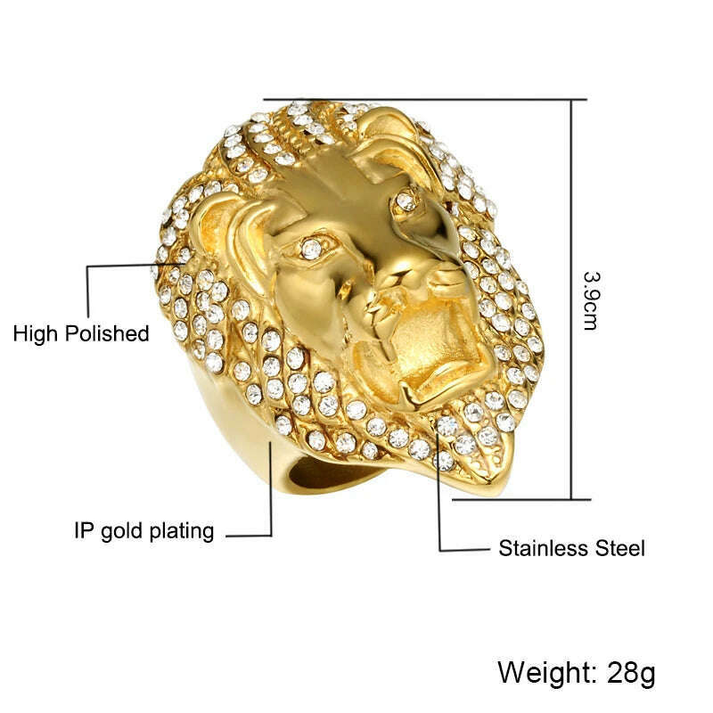 KIMLUD, HIP Hop Lion Head Micro Pave Rhinestone Iced Out Bling Mens Ring IP Gold Plated Titanium Stainless Steel Rings for Men Jewelry, KIMLUD Womens Clothes