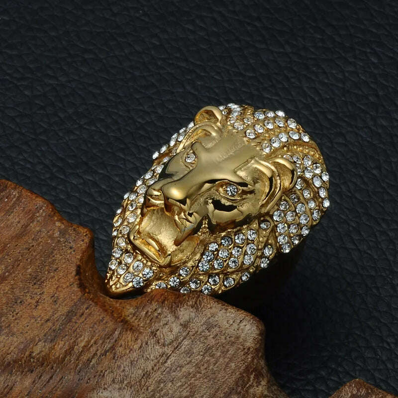 KIMLUD, HIP Hop Lion Head Micro Pave Rhinestone Iced Out Bling Mens Ring IP Gold Plated Titanium Stainless Steel Rings for Men Jewelry, KIMLUD Womens Clothes