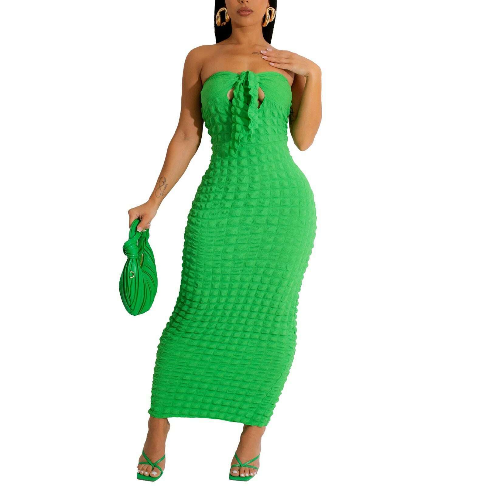 KIMLUD, hirigin Sexy Women Tube Top Dress Strapless Waffle Vintage Dress Tie Slim Bodycon Dress Wrap Dress Party Dress Y2k Long Dress, green / M, KIMLUD APPAREL - Womens Clothes