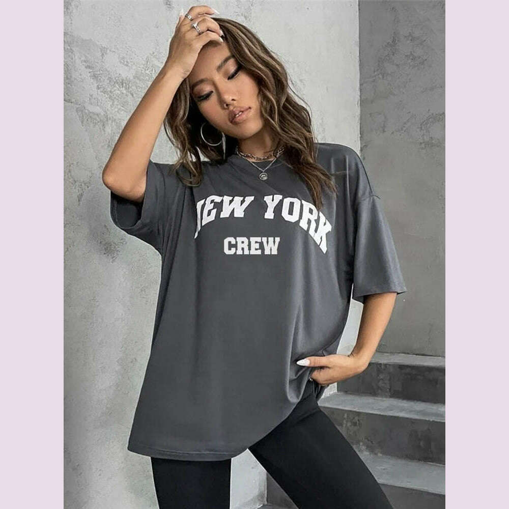 KIMLUD, Hirsionsan Oversized Letter Graphic T-shirt Women 2023 Summer Soft O-neck Short Sleeve Tees Female Casual Loose Higt Street Top, Dark Grey / XXL, KIMLUD APPAREL - Womens Clothes