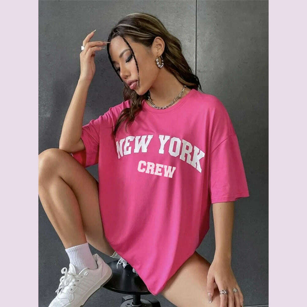 KIMLUD, Hirsionsan Oversized Letter Graphic T-shirt Women 2023 Summer Soft O-neck Short Sleeve Tees Female Casual Loose Higt Street Top, Rose Red / M, KIMLUD APPAREL - Womens Clothes