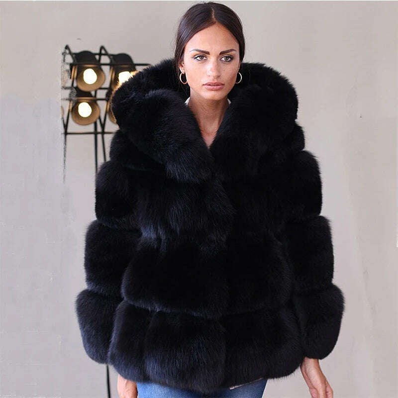 KIMLUD, HJQJLJLS 2021 Winter New Women Elegant Black Faux Fox Fur Coat Hooded Female Thick Warm Fluffy Artificial Fur Coat Fur Jacket, KIMLUD Womens Clothes