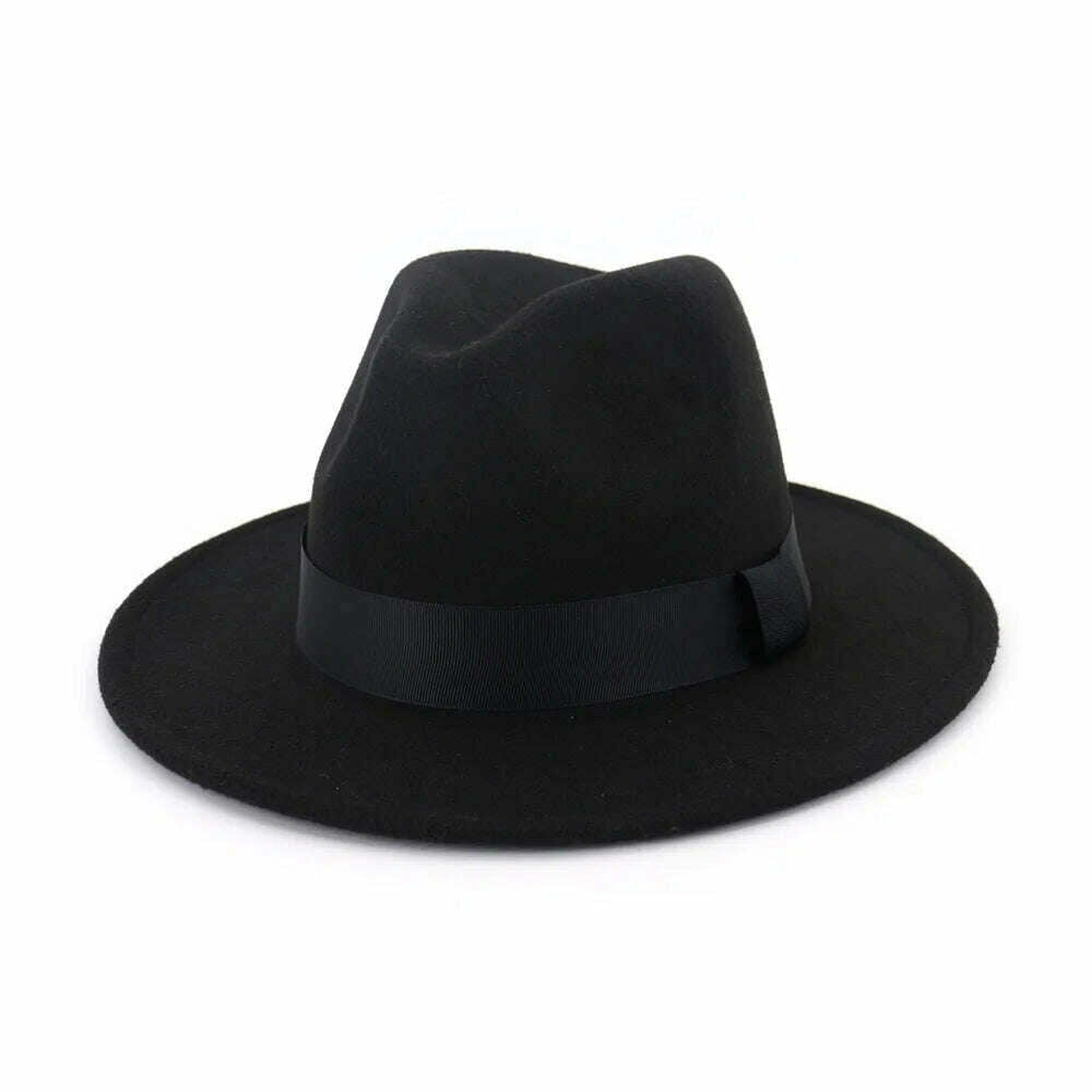 KIMLUD, HOAREE Purple Wool Felt Jazz Fedora Hats Men Women Wide Brim Sombrero British Style Trilby Formal Panama Cap Solid Dress Hat, Black / 58cm, KIMLUD APPAREL - Womens Clothes