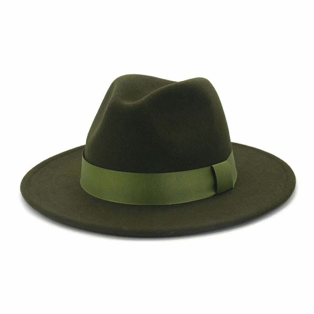 KIMLUD, HOAREE Purple Wool Felt Jazz Fedora Hats Men Women Wide Brim Sombrero British Style Trilby Formal Panama Cap Solid Dress Hat, Army Green / 58cm, KIMLUD APPAREL - Womens Clothes