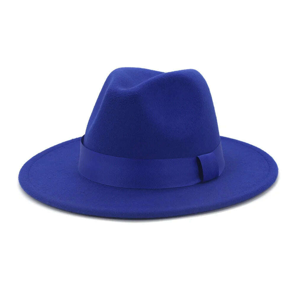 KIMLUD, HOAREE Purple Wool Felt Jazz Fedora Hats Men Women Wide Brim Sombrero British Style Trilby Formal Panama Cap Solid Dress Hat, Sapphire / 58cm, KIMLUD APPAREL - Womens Clothes