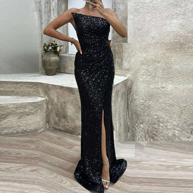 Hollow Out Strapless Off Shoulder Sequins Dress Chic Women Slim Slit Solid Floor-Length Dress Casual Sleeveless Party Club Dress - KIMLUD