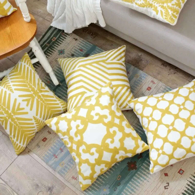 KIMLUD, Home Decor Embroidered Cushion Cover Yellow  Ginger/White Geometric Floral Canvas Cotton Square Embroidery Pillow Cover 45x45cm, KIMLUD Womens Clothes