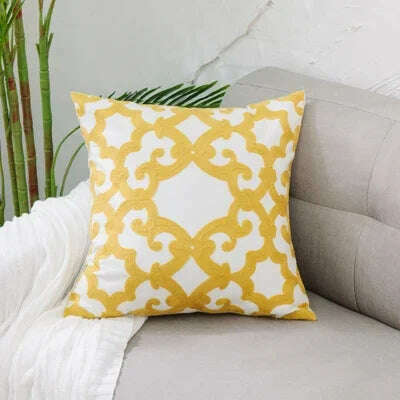 Home Decor Embroidered Cushion Cover Yellow Ginger/White Geometric Floral Canvas Cotton Square Embroidery Pillow Cover 45x45cm - KIMLUD