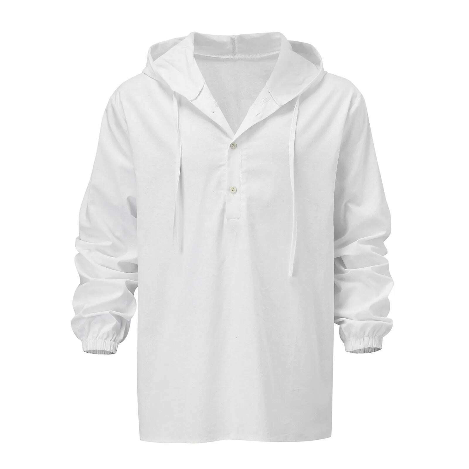 KIMLUD, Hooded White Shirt Summer Cotton Linen Blouse long sleeve Solid Color Button Blouse Travel Work Style Male Breathable Slim Tops, KIMLUD Womens Clothes