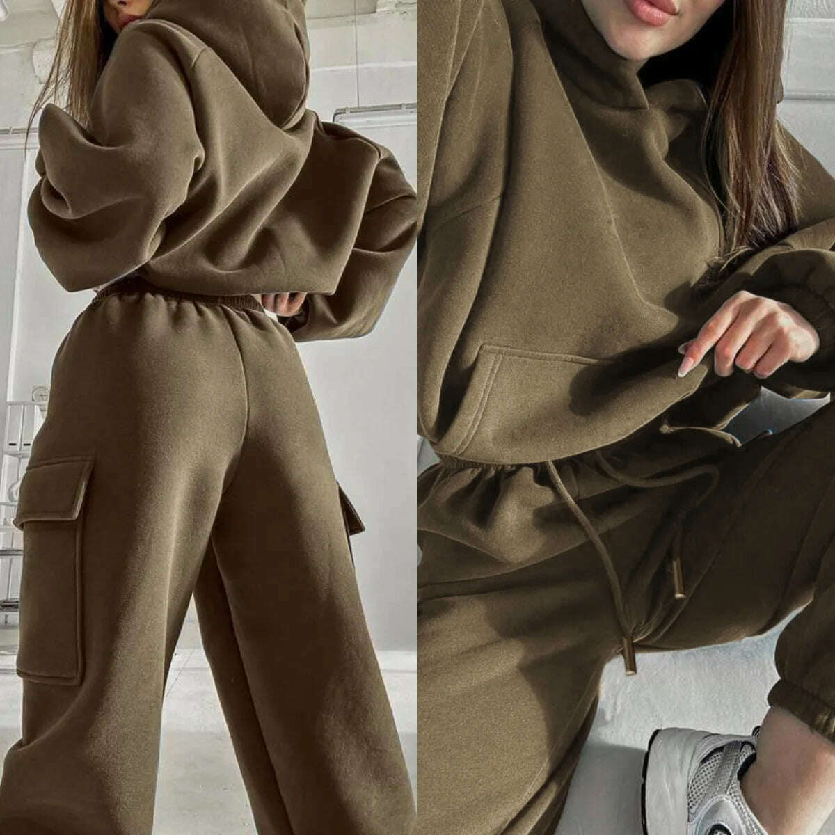 KIMLUD, Hoodies Suit Winter Autumn Solid Casual Tracksuit Women Fleece 2 Pieces Set Sports Sweatshirts Pullover Jogger Sweatpants Outfit, Khaki / M, KIMLUD APPAREL - Womens Clothes