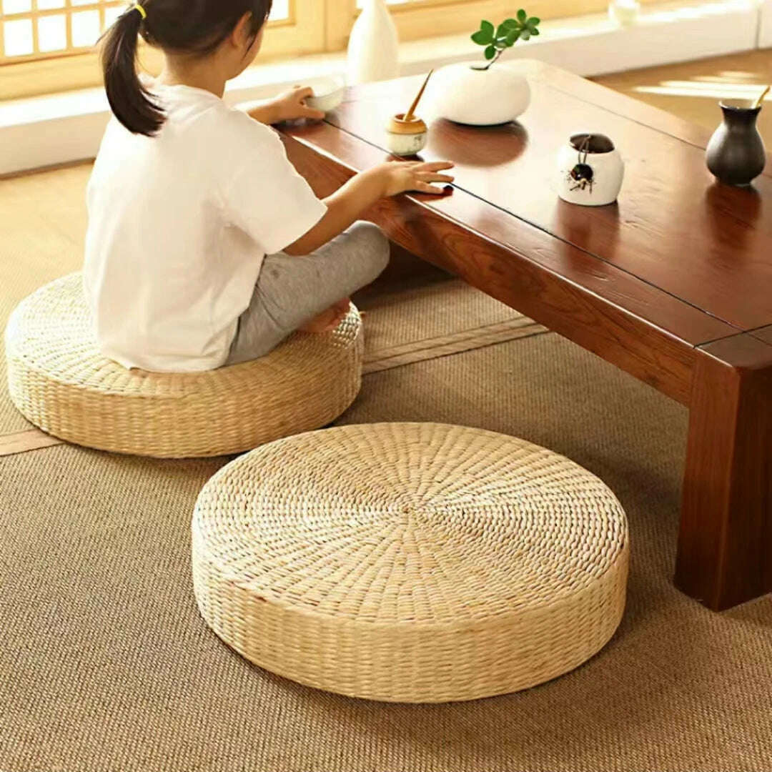 Hot 40cm*40cm Handmade Woven Natural Straw Round Pouf Tatami Cushion Floor Japanese Style Cushion Home Textile - KIMLUD