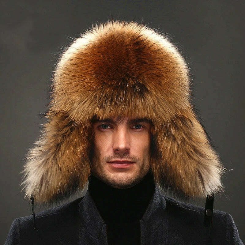 KIMLUD, Hot high-end luxury fur hat Men's fox fur hat Lei Feng cap ear cap fur necessary hat Real fur hat 100% Sheepskin top fox hat, KIMLUD Womens Clothes