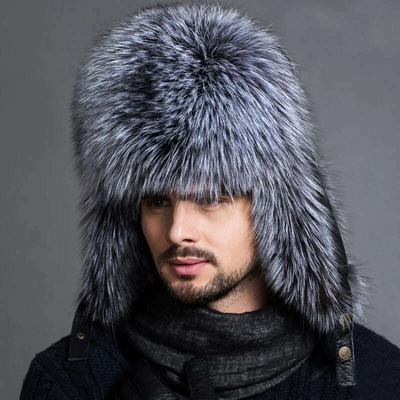 KIMLUD, Hot high-end luxury fur hat Men's fox fur hat Lei Feng cap ear cap fur necessary hat Real fur hat 100% Sheepskin top fox hat, silver fox / 56cm-58cm, KIMLUD APPAREL - Womens Clothes