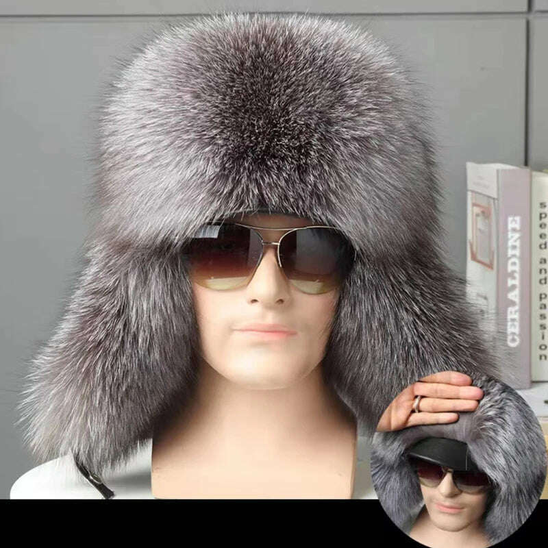 Hot high-end luxury fur hat Men's fox fur hat Lei Feng cap ear cap fur necessary hat Real fur hat 100% Sheepskin top fox hat - KIMLUD