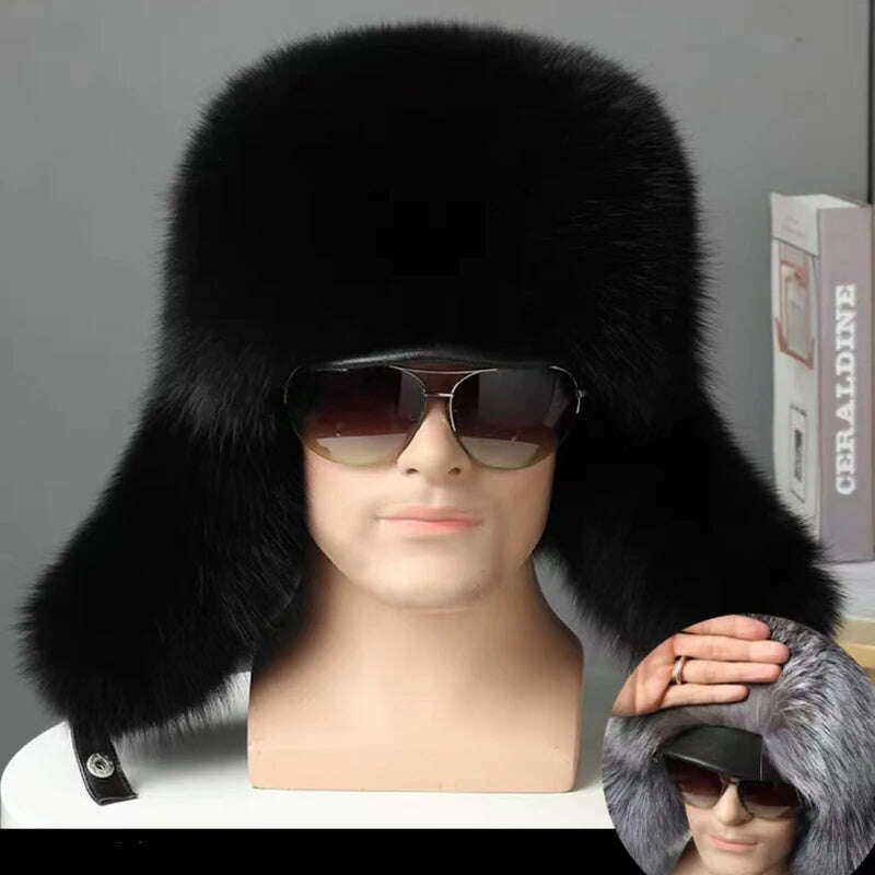 Hot high-end luxury fur hat Men's fox fur hat Lei Feng cap ear cap fur necessary hat Real fur hat 100% Sheepskin top fox hat - KIMLUD