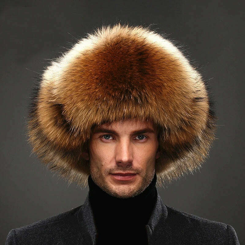 KIMLUD, Hot high-end luxury fur hat Men's fox fur hat Lei Feng cap ear cap fur necessary hat Real fur hat 100% Sheepskin top fox hat, KIMLUD Womens Clothes