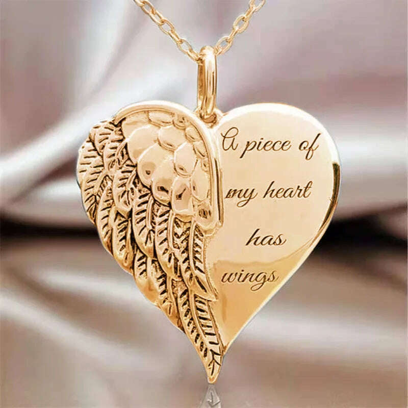 KIMLUD, Hot Sale Women Necklace Letter A Piece Of My Heart Has Wings Gold Silver Alloy Love Heart Wings Pendant Feather Angel Necklaces, KIMLUD Womens Clothes